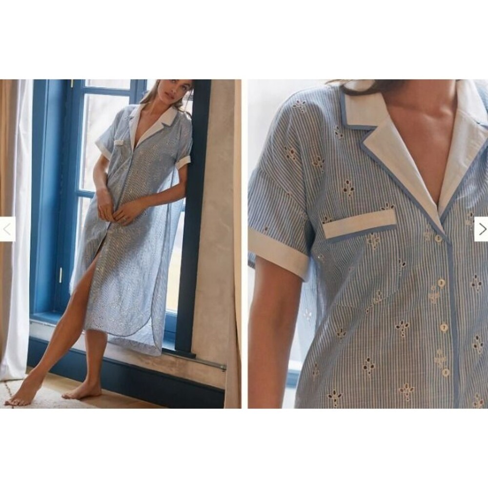 Anthropologie Cezzane Striped Eyelet Dress Loungewear Button Down Shirt Dress XS